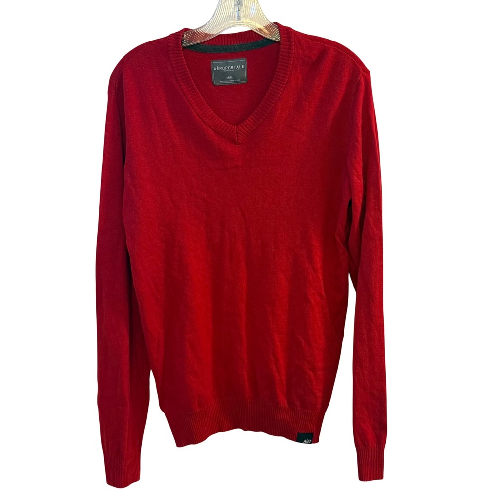 Aeropostale Red V Neck‎ Long Sleeve Sweater Mens M Medium Cotton Blend